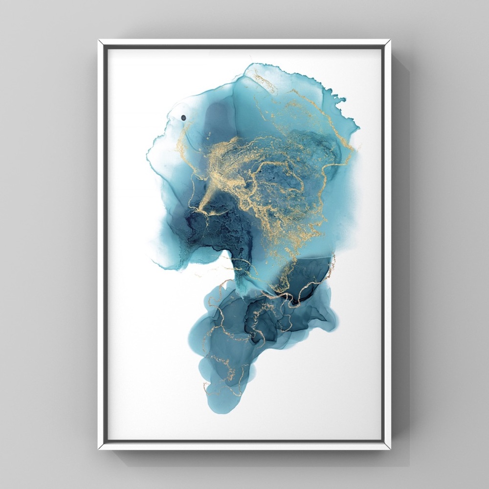 Aqua Blue and Gold Abstract Art Print in Watercolor and Alcohol Ink Style